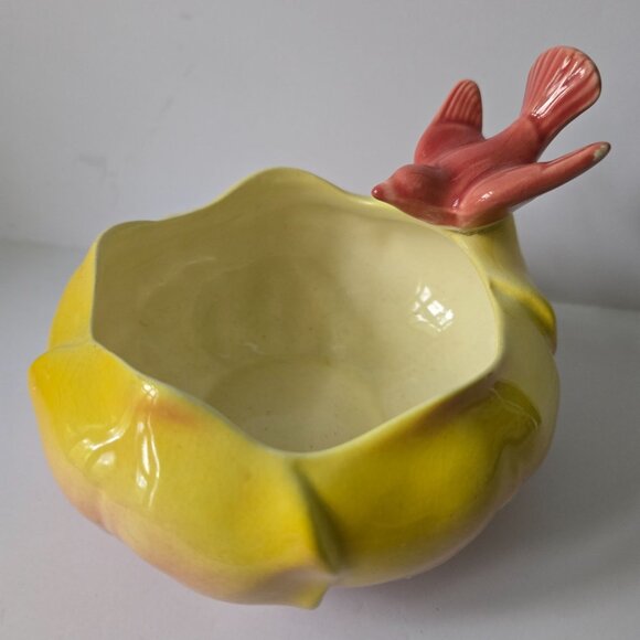 Vintage Royal Copley Yellow & Pink Ceramic Planter Bowl With Bird Accent - Picture 9 of 16